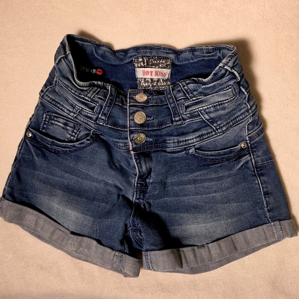 Hot Kiss Womens High Waisted Denim Shorts Medium Wash Triple Button Fly Size 1